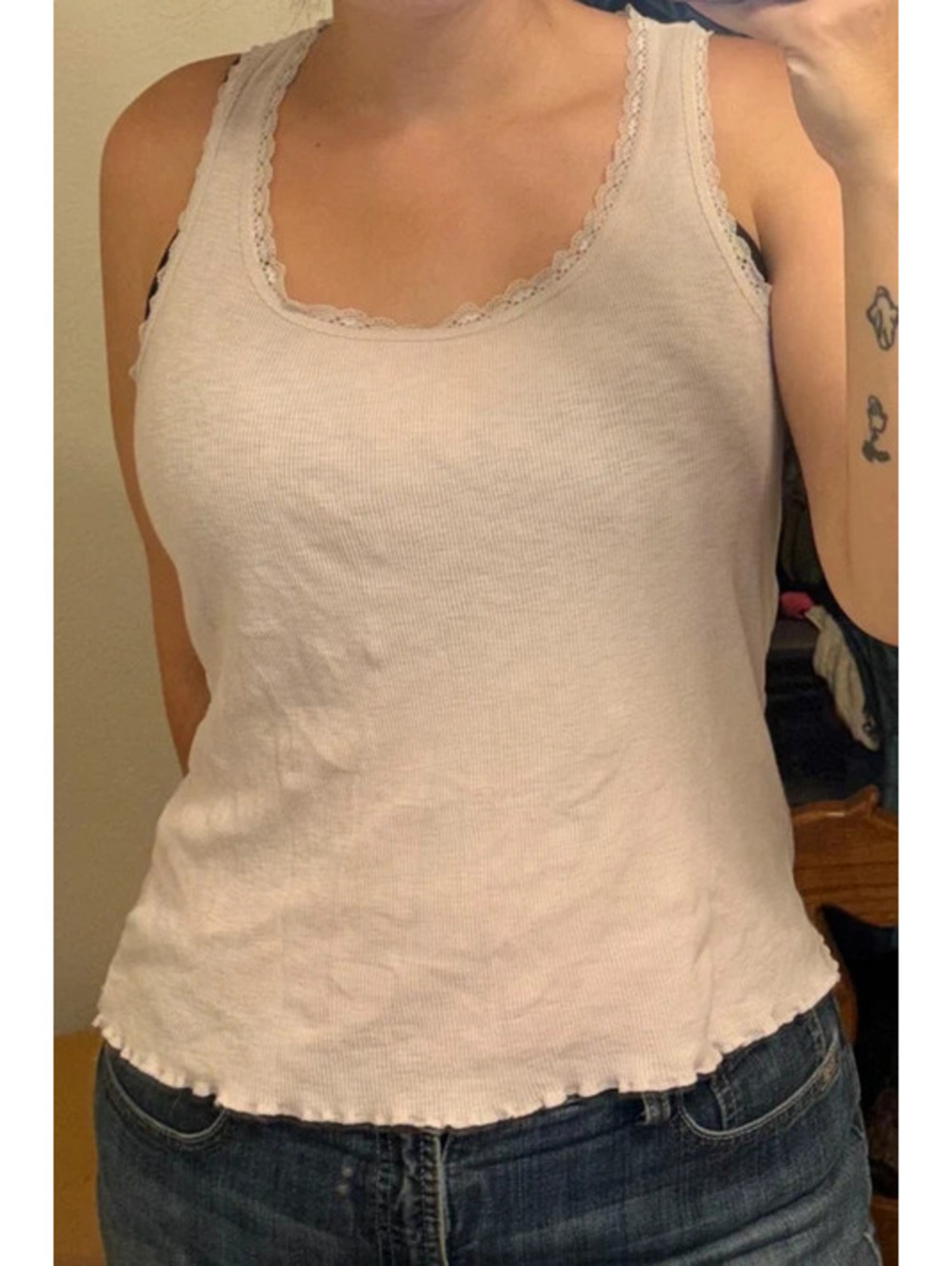 Cream Fairycore Cottagecore tank top with lace trim